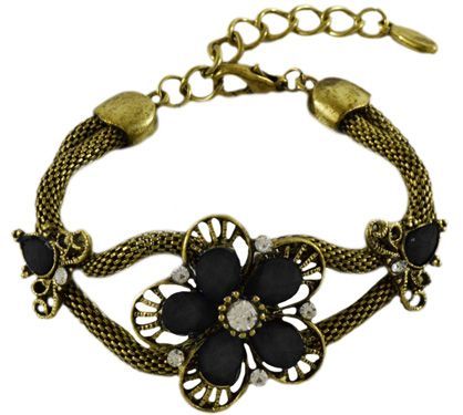 Cód. P4405b - Pulseira de metal com pedras - flor negra